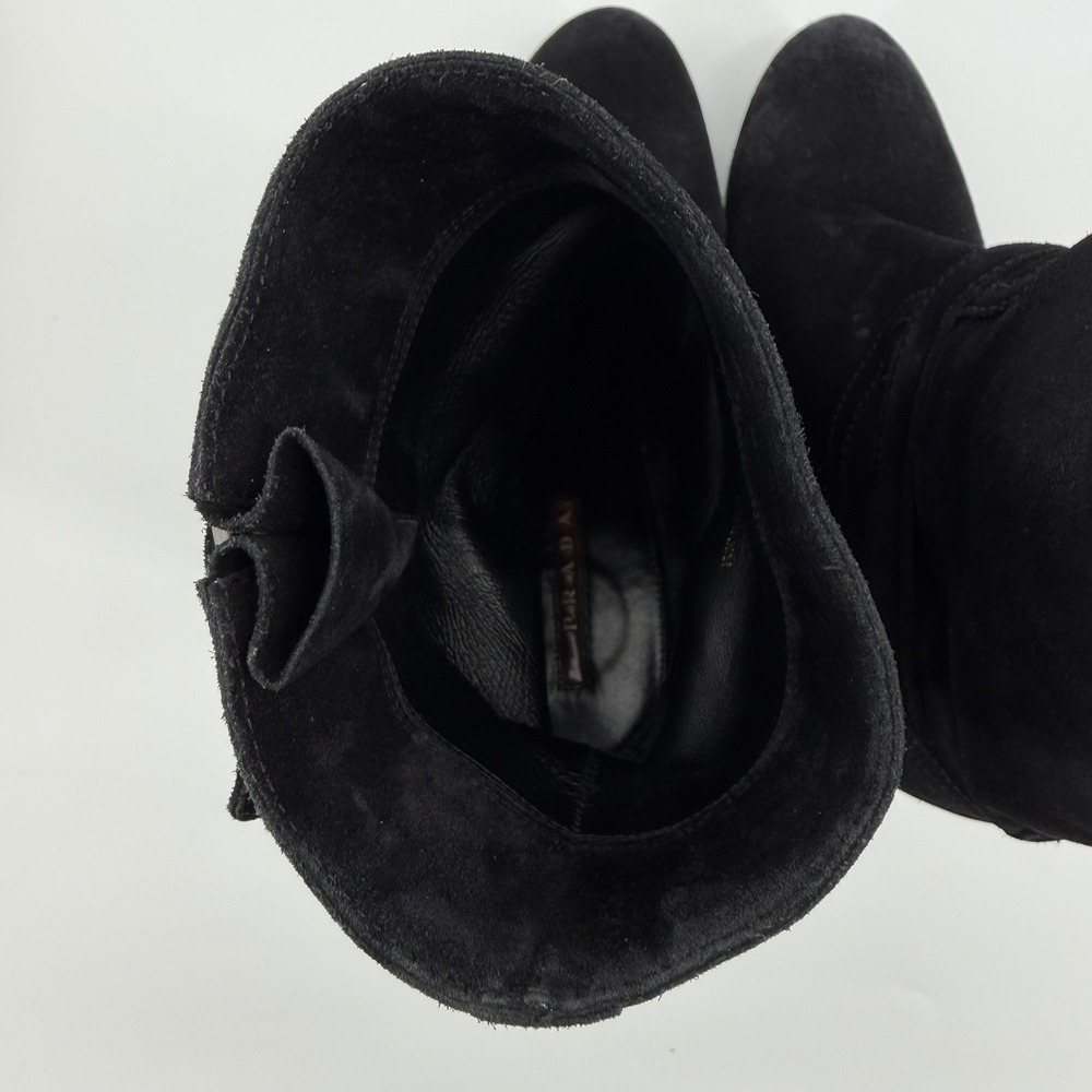 Prada Women's Black Suede Wedge Boots Size 38 (US 7.5-8) Buckle Strap Lug Sole - Picture 8 of 12